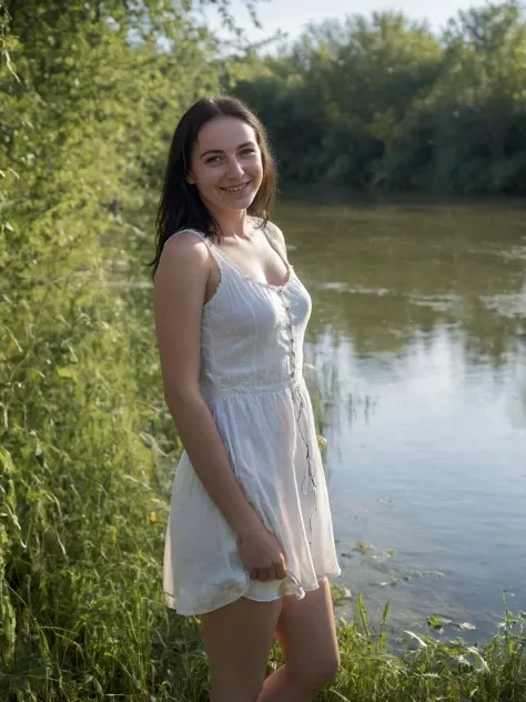 award winning photo, full body shot, joy19, delicate, beautiful, portrait, (freckles:0.1), long black hair, cute smile, cinematic, rimlight, backlighted, next to river