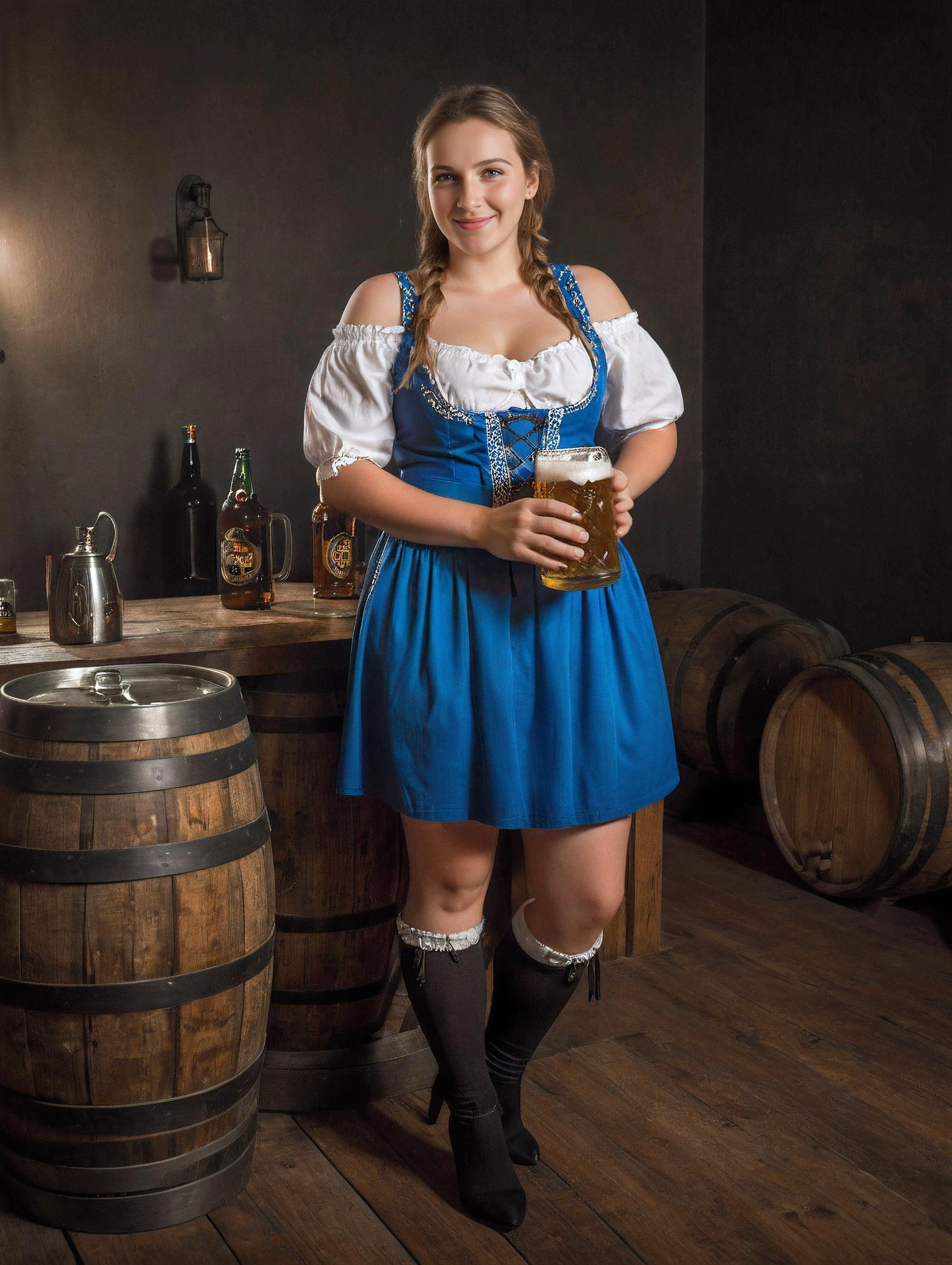 cinematic film still photography, dynamic shading, curvy 28yo cute woman, shy dazzling smile, dropped strap, bare shoulder, dress, cleavage, german clothes, beer, thighhighs, full body, braid, high heels, twin braids, mug, beer mug, barrel, dark background, rim light, backlighted, cinematic light, by alayna lemmer