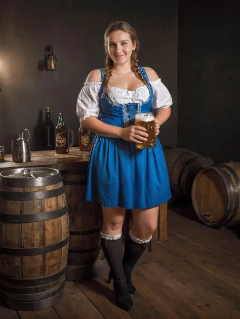 cinematic film still photography, dynamic shading, curvy 28yo cute woman, shy dazzling smile, dropped strap, bare shoulder, dress, cleavage, german clothes, beer, thighhighs, full body, braid, high heels, twin braids, mug, beer mug, barrel, dark background, rim light, backlighted, cinematic light, by alayna lemmer