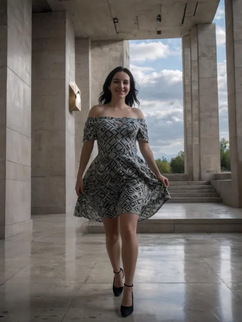 award winning photo, full body shot, joy19, delicate, beautiful, off shoulder, a bare breast, (freckles:0.1), long black hair, cute smile, cinematic, rimlight, backlighted, walking at brutalist architecture lobby, crazy geometrical unbelievable Illusion, dramatic clouds, very detailed