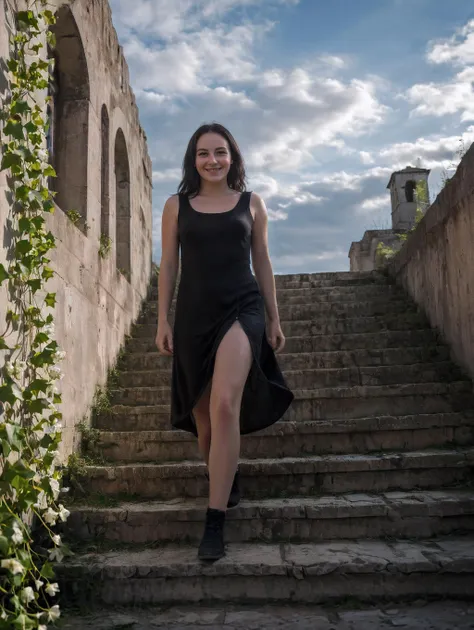 award winning photo, full body shot, joy19, delicate, beautiful, (freckles:0.1), long black hair, cute smile, cinematic, rimlight, backlighted, walking on an ancient weathered concrete stairs, brutalist architecture, crazy geometrical unbelievable Illusion, dramatic clouds, very detailed