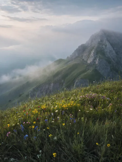 bunch of wild flowers in the foreground