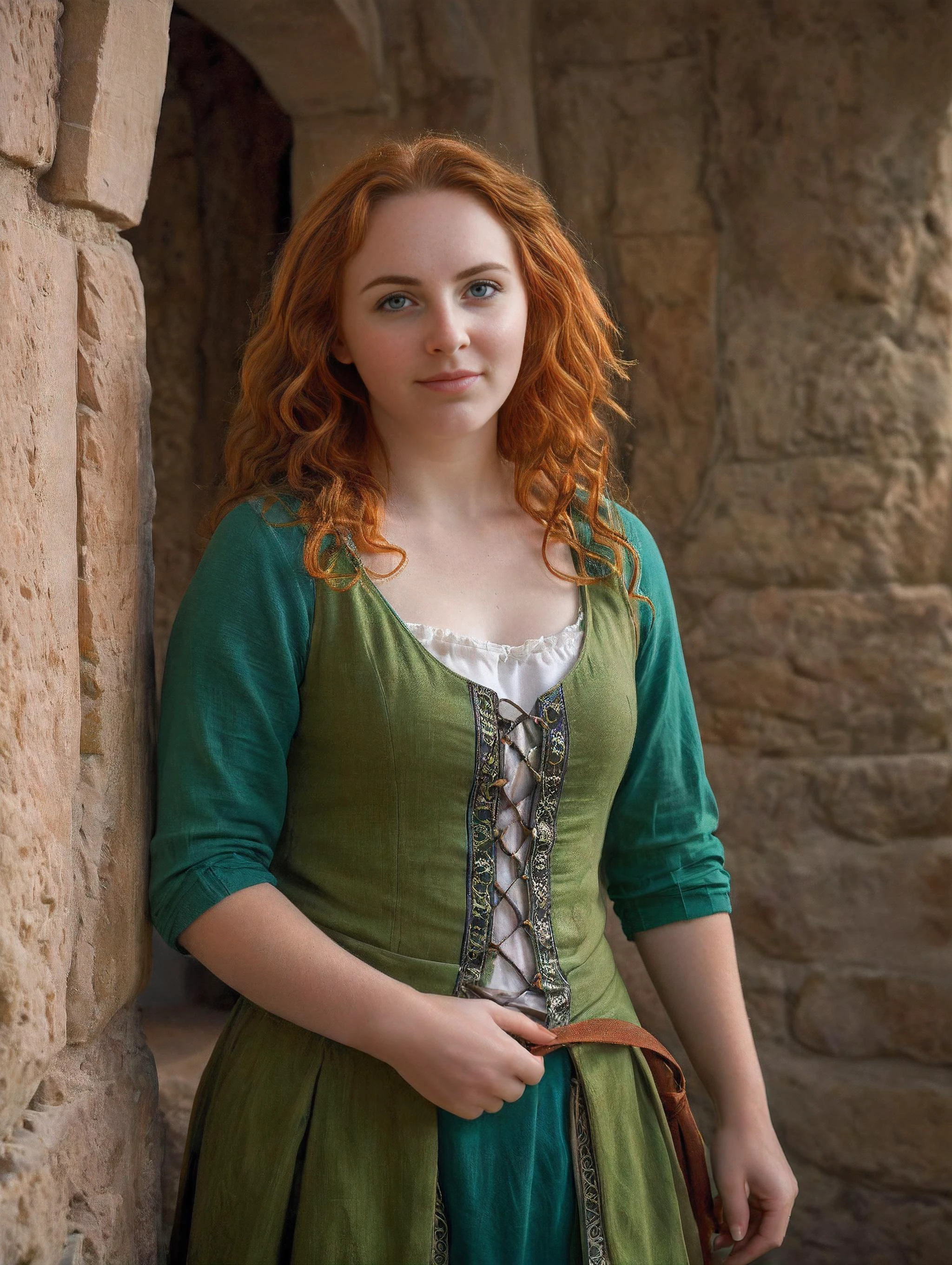a painting of a woman with long red hair and a green top, photorealistic disney, celtic culture, uniquely beautiful, long brown puffy curly hair, disney stylized furry, by Gu Hongzhong, a character based on a haggis, orange hue, insanely nice hair style