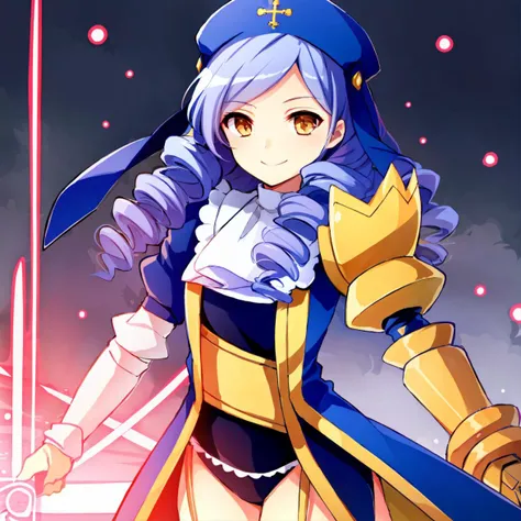dlanor, 1girl, gauntlet, standing, smile, energy blade <lora:dlanor-000002:0.7>