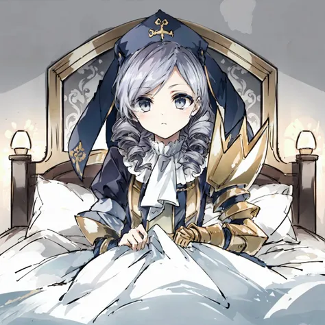 dlanor, 1girl, gauntlet, on bed, sheet, pillow <lora:dlanor-000002:0.7> <lora:envybetterhandsLocon_beta2:0.65>