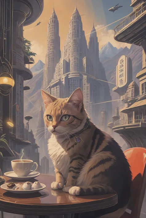 dieselpunk art deco poster
cat cafe in a infinite,far future fantasy mountainside city at the beginning of time, masterpiece<lora:EnvyStarlightArtDecoPoster01:1>