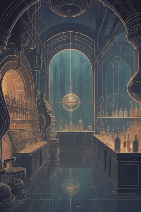 art deco propaganda poster
Mysterious Potion Laboratory \(room\) in a Underground jazz club in a amazing,dingy scifi underwater metropolis at the beginning of time, masterpiece<lora:EnvyStarlightArtDecoPoster01:1>