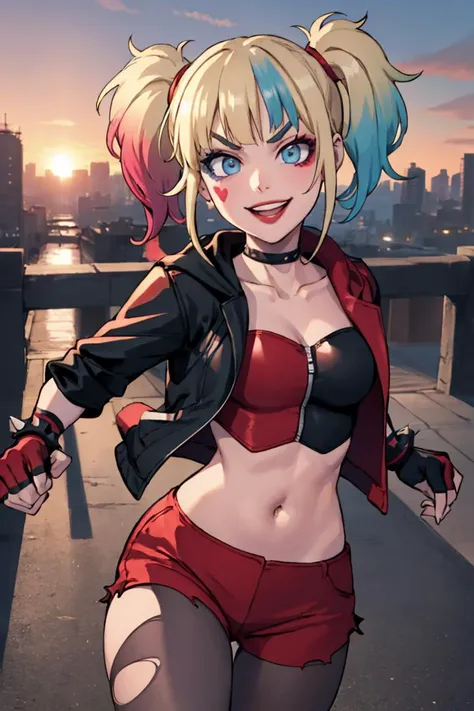 (masterpiece, best quality:1.2), solo, 1girl, isekaiharley, smile, looking at viewer, running, twintails, v-shaped eyebrows, two-tone jacket, crop top, short shorts, torn pantyhose, fingerless gloves, choker, spiked bracelet, cityscape scenery, running, sunset <lora:suicidesquadisekai_quinn-10:1>