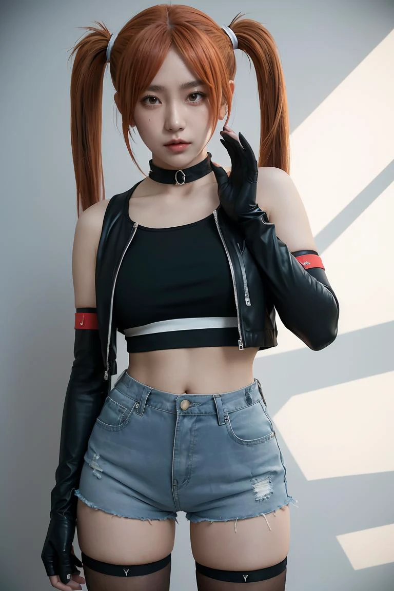 (masterpiece, best quality), 1girl, <lora:suicidesquadisekai_quinn-10:1> isekaiharley, twintails, two-tone jacket, crop top, short shorts, torn pantyhose, fingerless gloves, choker, spiked bracelet
