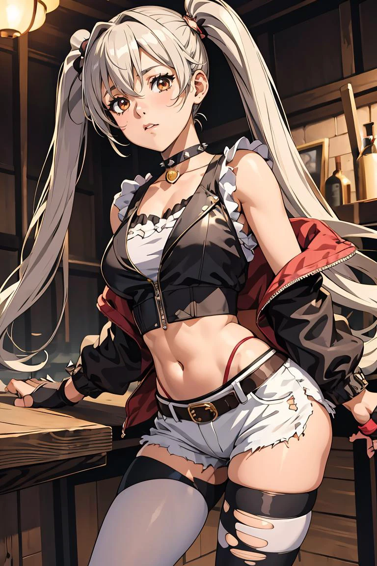 (masterpiece, best quality), 1girl, <lora:suicidesquadisekai_quinn-10:1> isekaiharley, twintails, two-tone jacket, crop top, short shorts, torn pantyhose, fingerless gloves, choker, spiked bracelet
