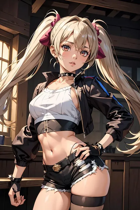 (masterpiece, best quality), 1girl,  <lora:suicidesquadisekai_quinn-10:1> isekaiharley, twintails, two-tone jacket, crop top, short shorts, torn pantyhose, fingerless gloves, choker, spiked bracelet