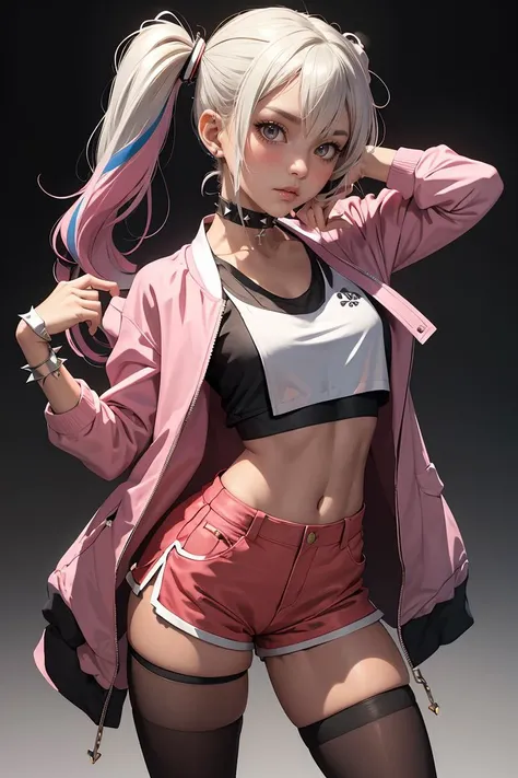 (masterpiece, best quality), 1girl,  <lora:suicidesquadisekai_quinn-10:1> isekaiharley, twintails, two-tone jacket, crop top, short shorts, torn pantyhose, fingerless gloves, choker, spiked bracelet