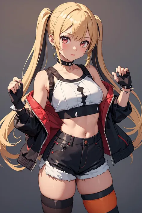 (masterpiece, best quality), 1girl,  <lora:suicidesquadisekai_quinn-10:1> isekaiharley, twintails, two-tone jacket, crop top, short shorts, torn pantyhose, fingerless gloves, choker, spiked bracelet