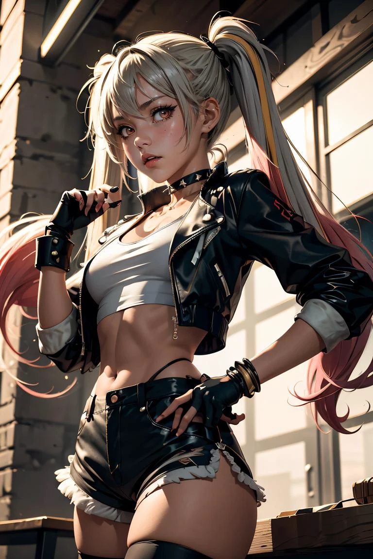 (masterpiece, best quality), 1girl, <lora:suicidesquadisekai_quinn-10:1> isekaiharley, twintails, two-tone jacket, crop top, short shorts, torn pantyhose, fingerless gloves, choker, spiked bracelet