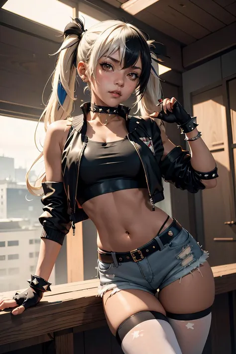 (masterpiece, best quality), 1girl,  <lora:suicidesquadisekai_quinn-10:1> isekaiharley, twintails, two-tone jacket, crop top, short shorts, torn pantyhose, fingerless gloves, choker, spiked bracelet