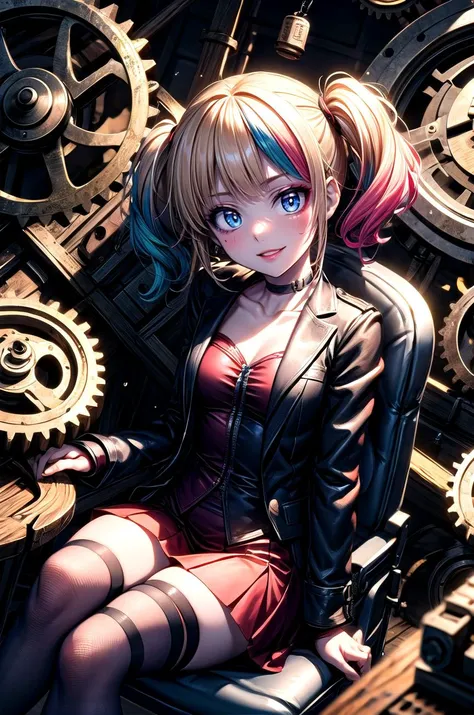 (masterpiece, best quality, detailed), 1girl, solo, looking at viewer, isekaiharley, twintails, multicolored hair, blonde hair, blue hair, pink hair,
tailcoat, fishnet top, single thighhigh, single sleeve, purple ribbon, choker, single glove, glowing eye, bandaged arm, <lora:gearEntangle:0.5>, gear, machine, indoors, clock, chair, table, book stack, sitting, crossed legs, smile, parted lips