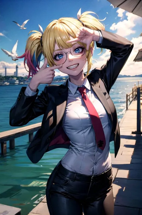 (masterpiece, best quality, detailed), 1girl, solo, looking at viewer, isekaiharley, twintails, multicolored hair, blonde hair, blue hair, pink hair,
pant suit, suit, formal, black suit, black pants, necktie, white shirt, sunglasses, pier, dock, boat, harbor, water, lighthouse, seagull, fisheye, <lora:finger_frame_final:0.8>, finger frame, grin