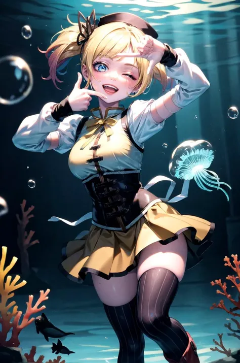 (masterpiece, best quality, detailed), 1girl, solo, looking at viewer, isekaiharley, twintails, multicolored hair, blonde hair, blue hair, pink hair,
<lora:MadokaCostumePackV1_2:0.9>, mami outfit, indoors, aquarium, fish, bubble, scenery, jellyfish, coral, blue theme, <lora:finger_frame_final:0.8>, finger frame, smile, open mouth, one eye closed