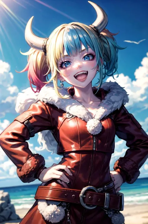 (masterpiece, best quality, detailed), 1girl, solo, looking at viewer, isekaiharley, twintails, multicolored hair, blonde hair, blue hair, pink hair,
<lora:AncientVikings:0.9>, ancient viking, viking helmet, horned helmet, fur trim, helmet, ship, ocean, waves, seagull, cloudy sky, hands on hips, smile, open mouth, teeth, evil smile