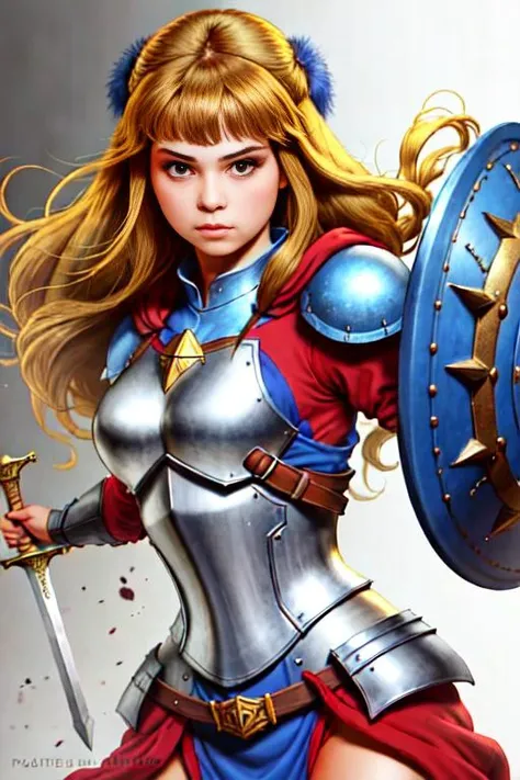 1girl,solo, cute warrior, medieval armor, sword, shield, brave face, perfect body, detailed face, detailed eyes, fighting pose, saigado <lora:stylesaigado-000009:1>