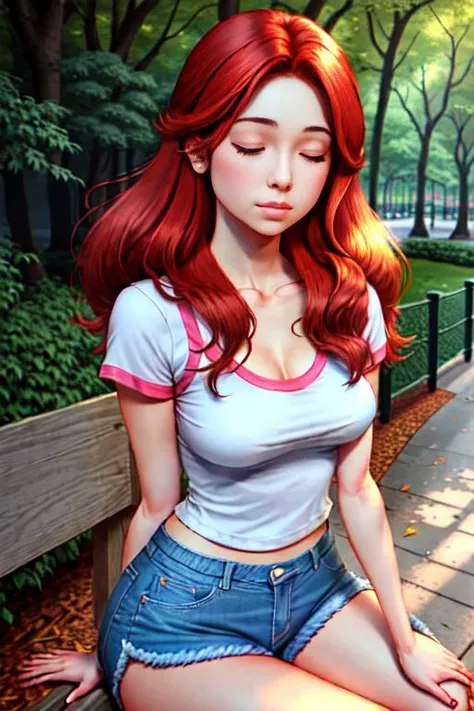 1girl,solo, cute redhead girl, t-shirt, denim shorts, central park, closed eyes, parted lips, tired,  perfect body, detailed face, detailed eyes, sitting, saigado <lora:stylesaigado-000009:1>