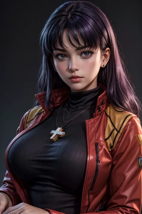 (ultra realistic,32k, masterpiece:1.2),(high detailed skin:1.1),( 8k uhd, dslr, high quality:1.1),
<lora:misato-nvwls-v1:0.8>misato, black eyes, parted bangs,black-Purple hair, long hair, earrings, cross necklace, red jacket, long sleeves, black dress, , <lora:add_detail:0.9>, (huge breast:1.1),
(looking at viewer, sitting, crossed legs:1.1),,(upper body:1.1),
,(neon light:1.1),blank background