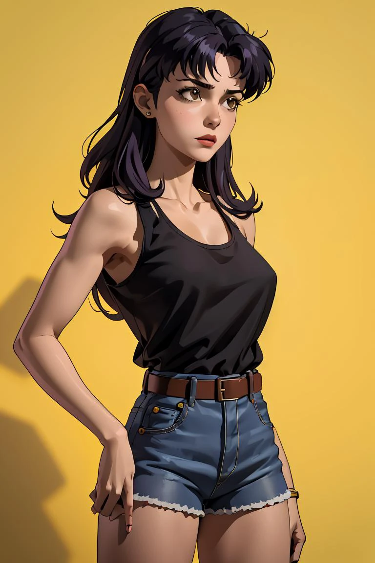 (masterpiece, best quality), 1girl, <lora:misato-nvwls-v1:1> misato, black eyes, parted bangs, long hair, earrings, yellow tank top, belt, denim shorts