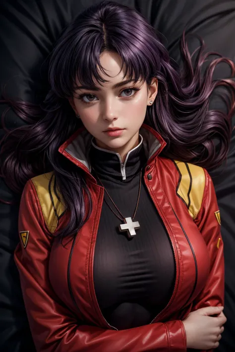 (ultra realistic,32k, masterpiece:1.2),(high detailed skin:1.1),( 8k uhd, dslr, high quality:1.1),
 misato, black eyes, parted bangs,black-Purple hair,  long hair, earrings, cross necklace, red jacket, long sleeves, black dress, , (huge breast:1.1), 
(looking at viewer, lying, from above:1.1),,(upper body:1.1), 
,(glowwave:1.1),blank background