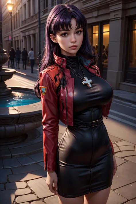 1 Female, clothing: black bodycon, Short tight black dress, The eyes are brown, Purple Hair, Medium Hair, compensate, Cross Necklace, expensive, The body is slim, Misato katsuragi (Hmph), (((Misato katsuragi))), indoor, living room, (((Front view))), View Viewer, Nice thighs, Perfectly detailed face, Detailed hands and fingers, Masterpiece 1.1, Trending on Art Station, pixiv quality, (((Fine art:jaw))), Exquisitely crafted, Ultra Graphics, sfw version, (((Mature 1.1))), clothing: Jacker, Red jacket, Red bullet hat、Symmetrical face、