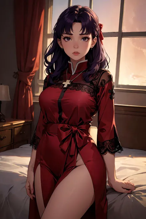 (masterpiece, best quality, highres, high resolution:1.2), extremely detailed, intricate details, 1girl, solo, looking at viewer, <lora:misato-nvwls-v1:0.8> misato, black eyes, parted bangs, long hair, purple hair, earrings, cross necklace, <lora:edgWrappedTemptation:0.9> edgWrap, edgTemptation, lingerie, red lace ribbon robe, bow knot, wrapped in ribbon, apartment, (cinematic lighting, bloom, volumetric),
