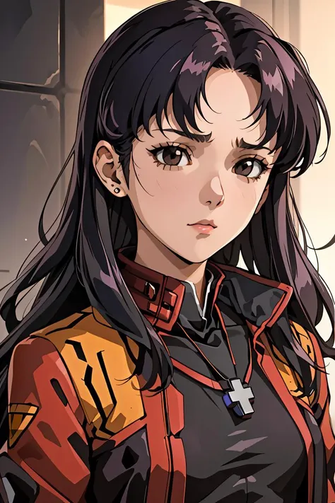 (masterpiece, best quality), 1girl, <lora:misato-nvwls-v1:1> misato, black eyes, parted bangs, long hair, earrings, cross necklace, red jacket, long sleeves, black dress