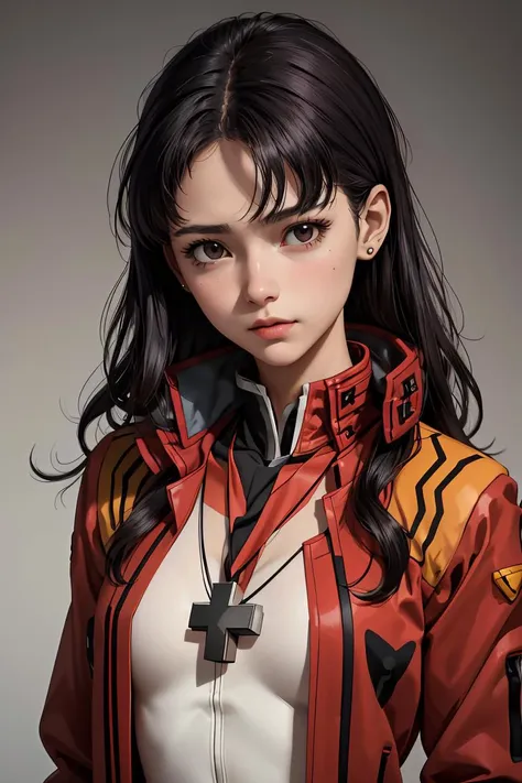 (masterpiece, best quality), 1girl, <lora:misato-nvwls-v1:1> misato, black eyes, parted bangs, long hair, earrings, cross necklace, red jacket, long sleeves, black dress