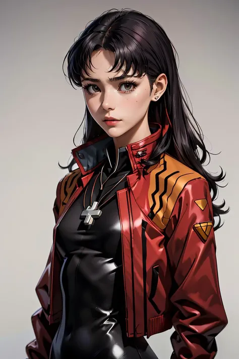 (masterpiece, best quality), 1girl, <lora:misato-nvwls-v1:1> misato, black eyes, parted bangs, long hair, earrings, cross necklace, red jacket, long sleeves, black dress