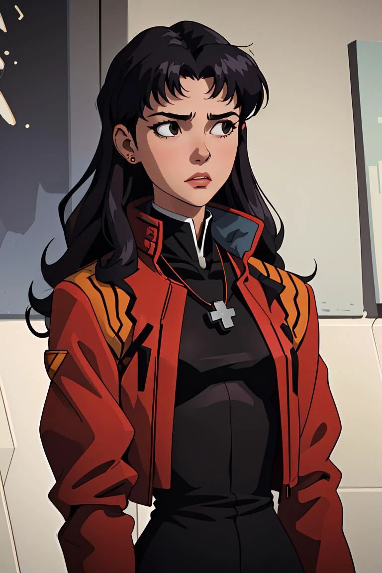 (masterpiece, best quality), 1girl, <lora:misato-nvwls-v1:1> misato, black eyes, parted bangs, long hair, earrings, cross necklace, red jacket, long sleeves, black dress
