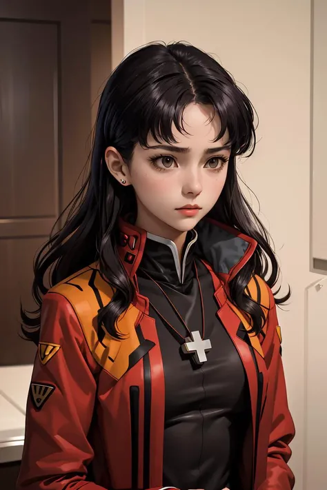 (masterpiece, best quality), 1girl, <lora:misato-nvwls-v1:1> misato, black eyes, parted bangs, long hair, earrings, cross necklace, red jacket, long sleeves, black dress