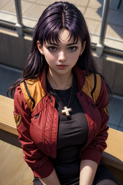 (ultra realistic,32k, masterpiece:1.2),(high detailed skin:1.1),( 8k uhd, dslr, high quality:1.1),
 <lora:misato-nvwls-v1:0.8>misato, black eyes, parted bangs,black-Purple hair,  long hair, earrings, cross necklace, red jacket, long sleeves, black dress, , <lora:add_detail:0.76>, (huge breast:1.1), 
(looking at viewer, sitting, from above:1.1),,(upper body:1.1), 
,(soft shaded:1.1),college campus, academic buildings, bustling students, learning