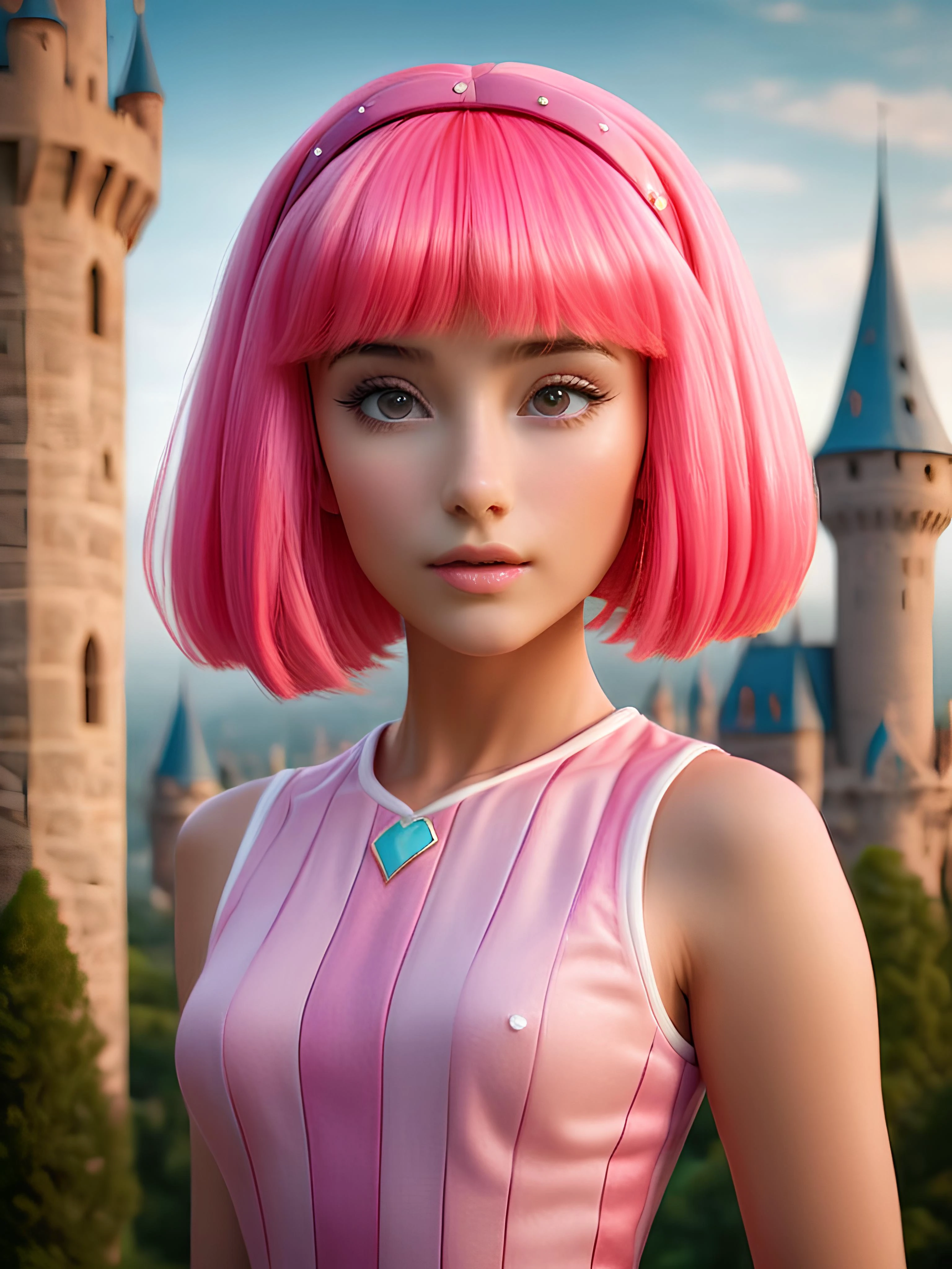 <lora:stephanie_xl_V1:1>, stephanie a girl, with pink hair and a pink wig, AS-Young zrpgstyle stephanie, pink striped dress stockings standing on the edge of a castle in a fantasy city with tall towers, (zrpgstyle) (masterpiece:1.2) (illustration:1.2) (best quality:1.2) (detailed) (intricate) (8k) (HDR) (cinematic lighting) (sharp focus), striped dress, intricate detail, (rich:1.4), prestige, gorgeous, symmetric, symmetric eyes, detailed eyes, 8k, high quality, f1.8, 200mm, photografy style, model position, perfect hands, detailed face, perfect face, look at viewer, perfect mouth, perfect eyes, cowgirl position, low angle shot, (perfect hands:1.3), detailed face, perfect face, look at viewer, pefect lips, hyperdetailed,glow, physically-based rendering,3d render,8k,high resolution,ultra high res,cinematic look,magical atmosphere,augmentations,insane details,intricate details,Exquisite details and textures,cinematic film still,intricately detailed,finely detail,High Detail RAW color Photo,hdr,cinematic lighting,ambient lighting,professional lighting,Romantic lighting,soft cinematic light,specular lighting,best quality,highly detailed,radiosity,god rays,sunbeam,raytracing,realistic,4k textures,