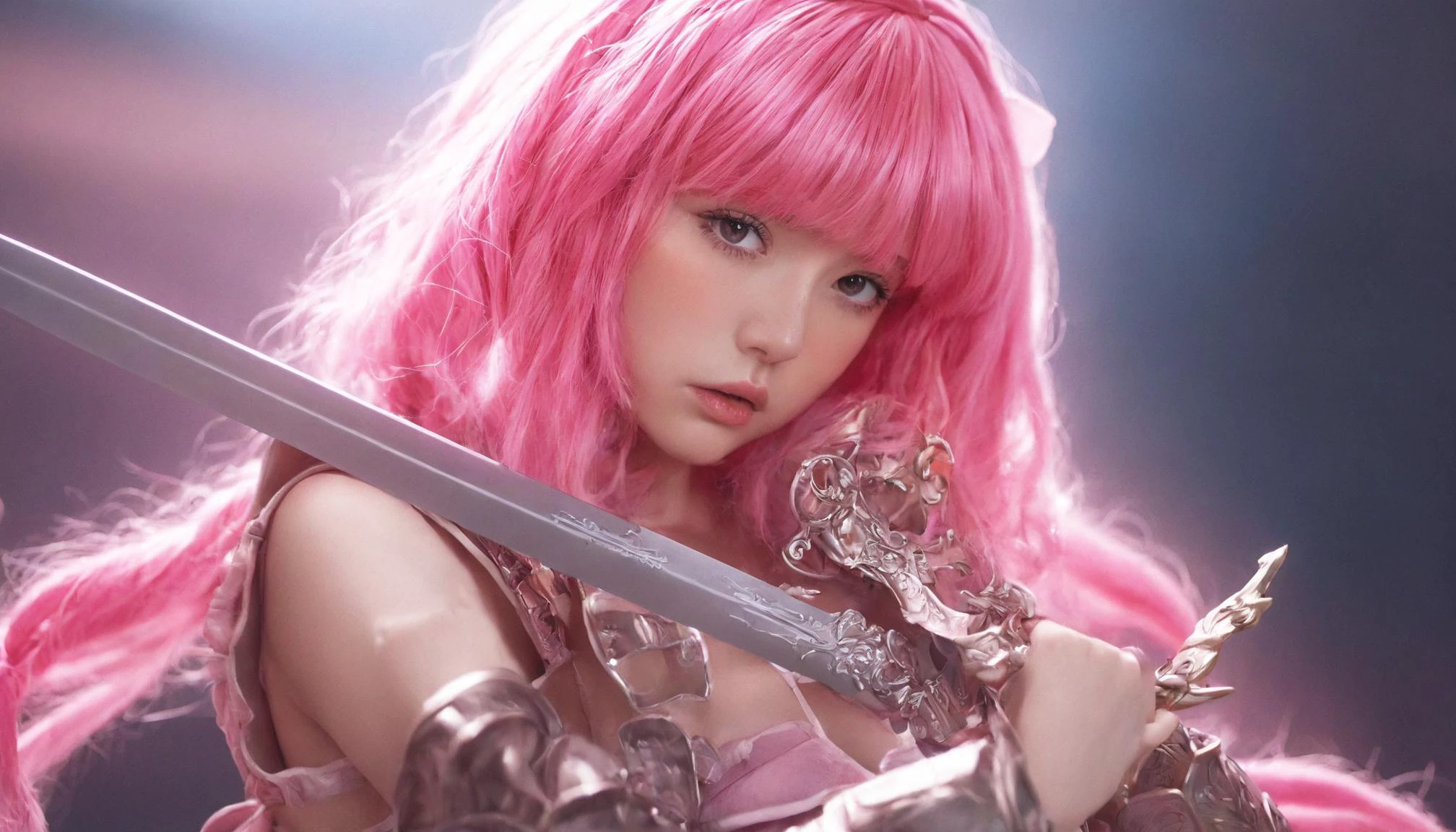 1girl, <lora:XLKnightV1:0.5>, holding sword, armor, holding weapon, <lora:stephanie_xl_V1:0.5>, with pink hair and a pink wig, stripped dress, covering mouth, (8k, masterpiece, best quality, ultra-detailed), (an extremely delicate and beautiful)kawaii, cute, very big eyes, Aesthetic Anime Eyes, small face, large breasts, cinematic lighting, , Intricate, High Detail, Sharp focus, dramatic, masterpiece, best quality, ultra-detailed,, very thin waist, <lora:SDXL_MassiveCowsLoRA_v1:0.1> breasts, cleavage, slim body,