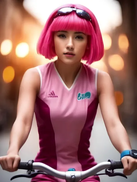 a girl riding a bicycle, <lora:stephanie_xl_V1:1>, stephanie a girl, with pink hair and a pink wig, raytracing,stunningly beautiful,professional lighting,hdr,flirting with camera,caucasian,24mm,3D,8k,highres,high resolution,ultra high res,art,cinematic look,magical atmosphere,beautiful face,beautiful detailed eyes,sharp focus bokeh,masterpiece,intricate details,Exquisite details and textures,fine details,toned physique,hyperdetailed,detailed skin,4k textures,ultradetailed,ultra-detailed, hyperdetailed,glow,photorealistic:1.37,f/2.8,lens 135mm,3D,physically-based rendering,3d render,8k,high resolution,ultra high res,cinematic look,magical atmosphere,augmentations,insane details,intricate details,Exquisite details and textures,cinematic film still,intricately detailed,finely detail,High Detail RAW color Photo,hdr,cinematic lighting,ambient lighting,professional lighting,Romantic lighting,soft cinematic light,specular lighting,best quality,highly detailed,radiosity,god rays,sunbeam,raytracing,realistic,4k textures,