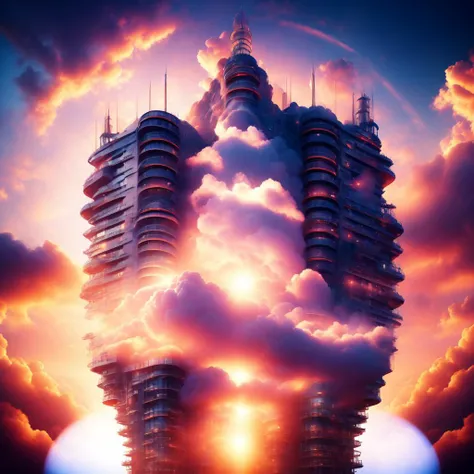 (cloudtowers style:1) a very tall building in the middle of some clouds <lora:djzCloudTowersV21:1>