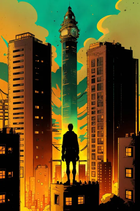 Skyline vista, a lone figure stands atop an abandoned tower, silhouetted against a sprawling cityscape of flickering lights and encrypted data. , comicfusion