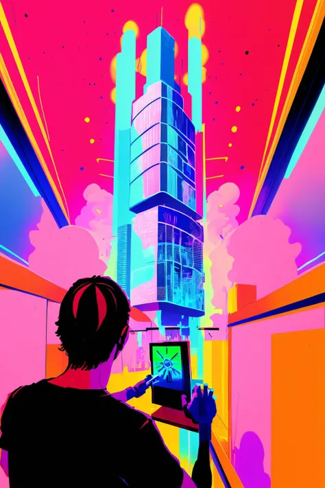 Skyline canvas, graffiti artists using holographic spray cans to paint luminous murals on virtual skyscraper walls. , comicfusion