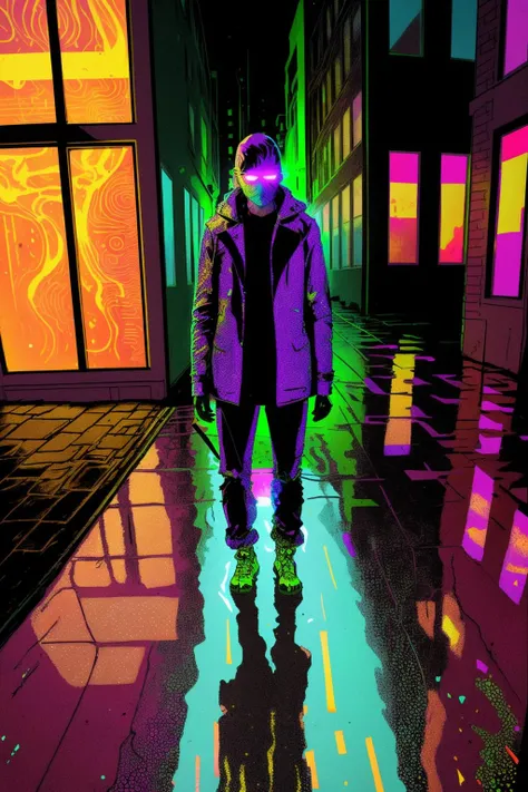 Neon-lit alley, rain-slicked pavement reflecting holographic graffiti, a trench-coated figure emerges from the shadows. , comicfusion