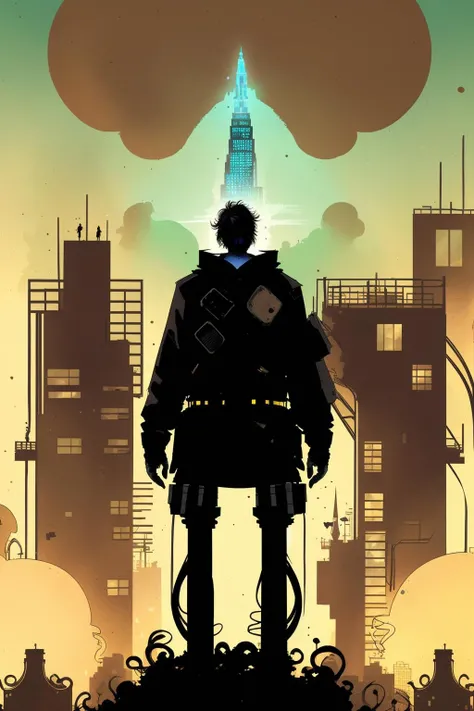 Skyline vista, a lone figure stands atop an abandoned tower, silhouetted against a sprawling cityscape of flickering lights and encrypted data. , comicfusion