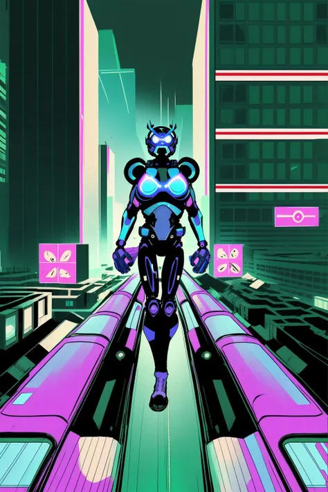 Skywalk race, cybernetically enhanced competitors hurtling through a grid of luminescent tracks high above the metropolis. , comicfusion