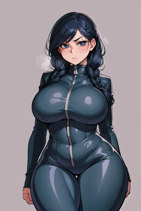 1girl, solo, cowboy shot, catsuit, full-length zipper, thick thighs,curvy, steaming body, braid, breasts, <lora:1KrekkovStyle-(9):0.75>