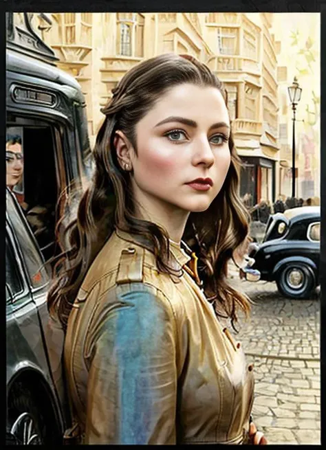 dramatic close photo of(( <lora:thomckenzie-000002:1> )) ((posing in front of her Car )) in streets of London, ((sunny day)) volumetric lighting , intricate, elegant, highly detailed, digital painting, artstation, concept art, smooth, sharp focus, illustration, realistic . ((1950s style ), art by artgerm and greg rutkowski and alphonse mucha