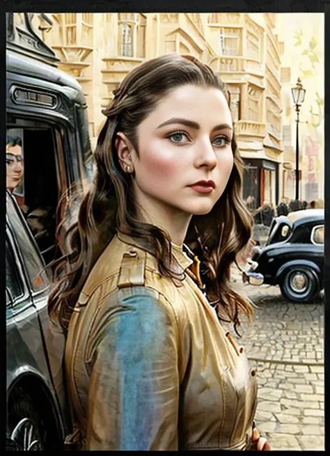 dramatic close photo of(( <lora:thomckenzie-000002:1> )) ((posing in front of her Car )) in streets of London, ((sunny day)) volumetric lighting , intricate, elegant, highly detailed, digital painting, artstation, concept art, smooth, sharp focus, illustration, realistic . ((1950s style ), art by artgerm and greg rutkowski and alphonse mucha
