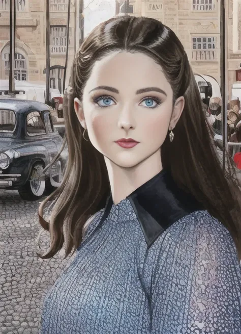 dramatic close photo of(( <lora:thomckenzie-000002:1> )) ((posing in front of her Car )) in streets of London, ((sunny day)) volumetric lighting , intricate, elegant, highly detailed, digital painting, artstation, concept art, smooth, sharp focus, illustration, realistic . ((1950s style ), art by artgerm and greg rutkowski and alphonse mucha
