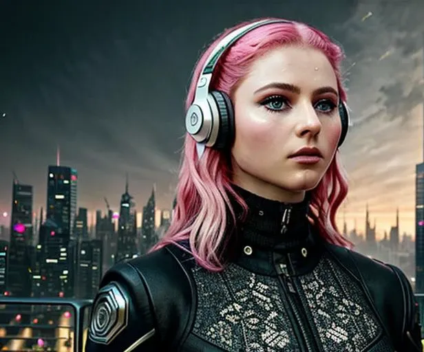 a cyberpunk (( <lora:thomckenzie-000002:0.8>)) with pink hair and headphones in ((futuristic city)), 0.8ong , ((sexy clothes)) , by artgerm, ross tran, magali villeneuve, Gil Elvgren, Alberto Vargas, Earl Moran, Enoch Bolles, symmetrical face, full body, cinematic, establishing shot, extremely high detail, photo realistic, cinematic lighting, pen and ink, intricate line drawings, 4k resolution, post processing, extremely detailed, intricate, epic composition, cinematic lighting, masterpiec